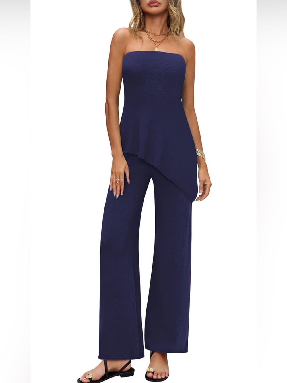 2 Piece Set- strapless knit tube top and Wide-Leg set in Navy
